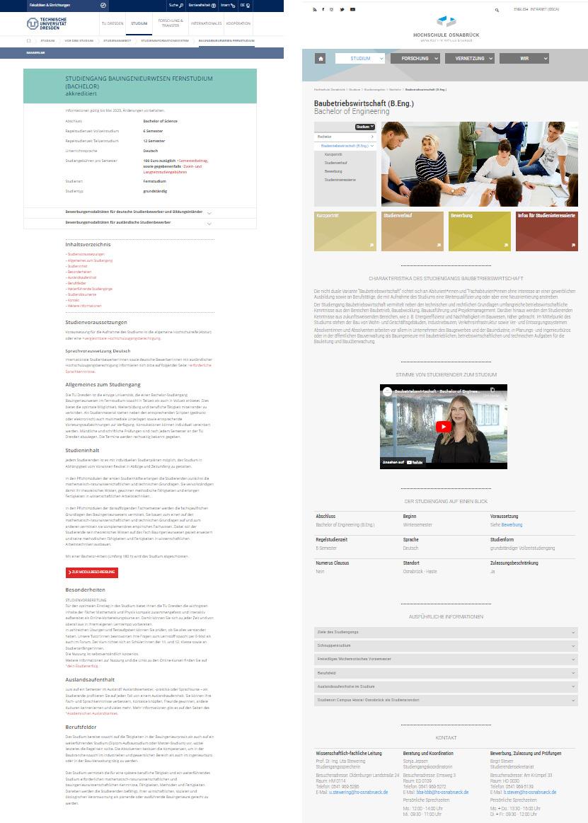 Zwei Studiengang-seiten nebeneinander im Vergleich als Gegenüberstellung